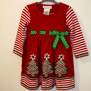 Bonnie Jean sweet Christmas Dress. Red, stripes & green accents. Christmas trees